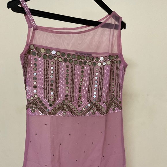 Truzo Tops - Sheer Pink Top, One shoulder, mirror and sequin work, Size M-L